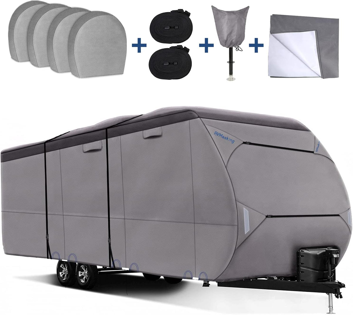 Upgraded Waterproof 500D Travel Trailer Cover with 4 Tire Covers, Tongue Jack Cover Q301
