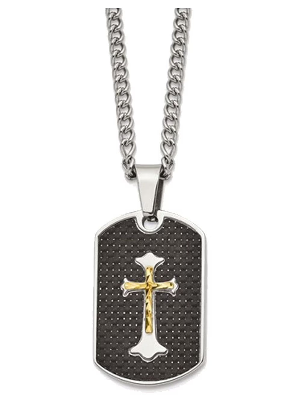 Black Carbon Fiber Dog Tag Cross Pendant Necklace in Stainless Steel with Chain W742951