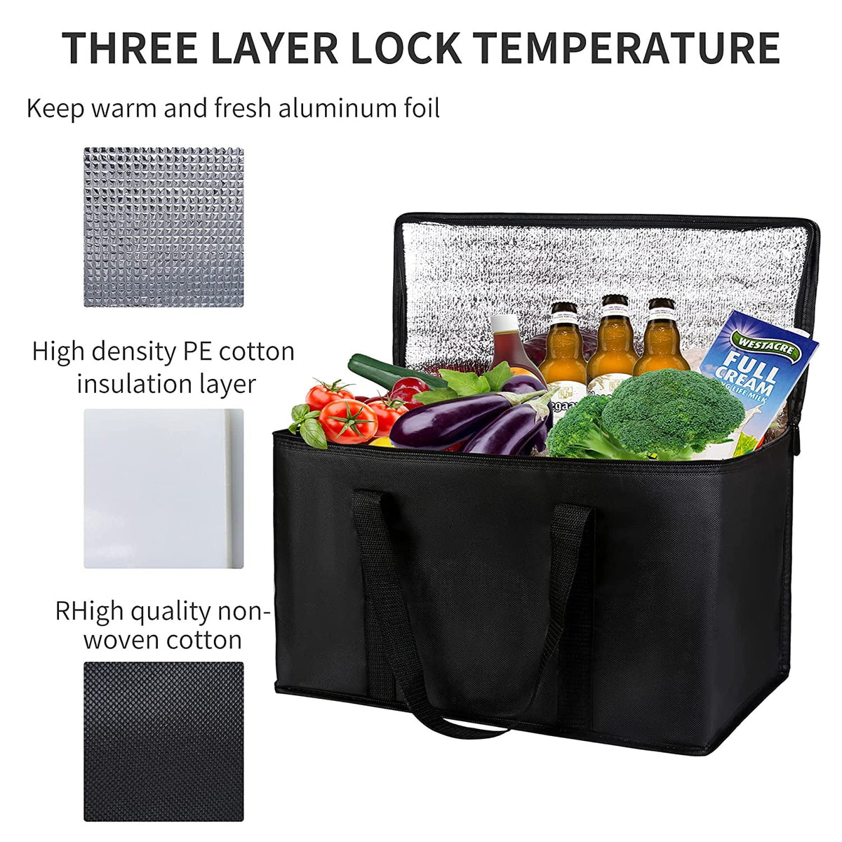 Black Insulated Grocery Tote Bag with Thermal Zipper S398