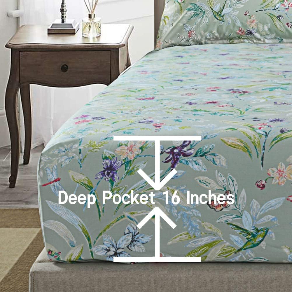 Green Birds Percale Cotton Queen Bed Sheet Set 4 Pieces Deep Pocket 18 Inches X316