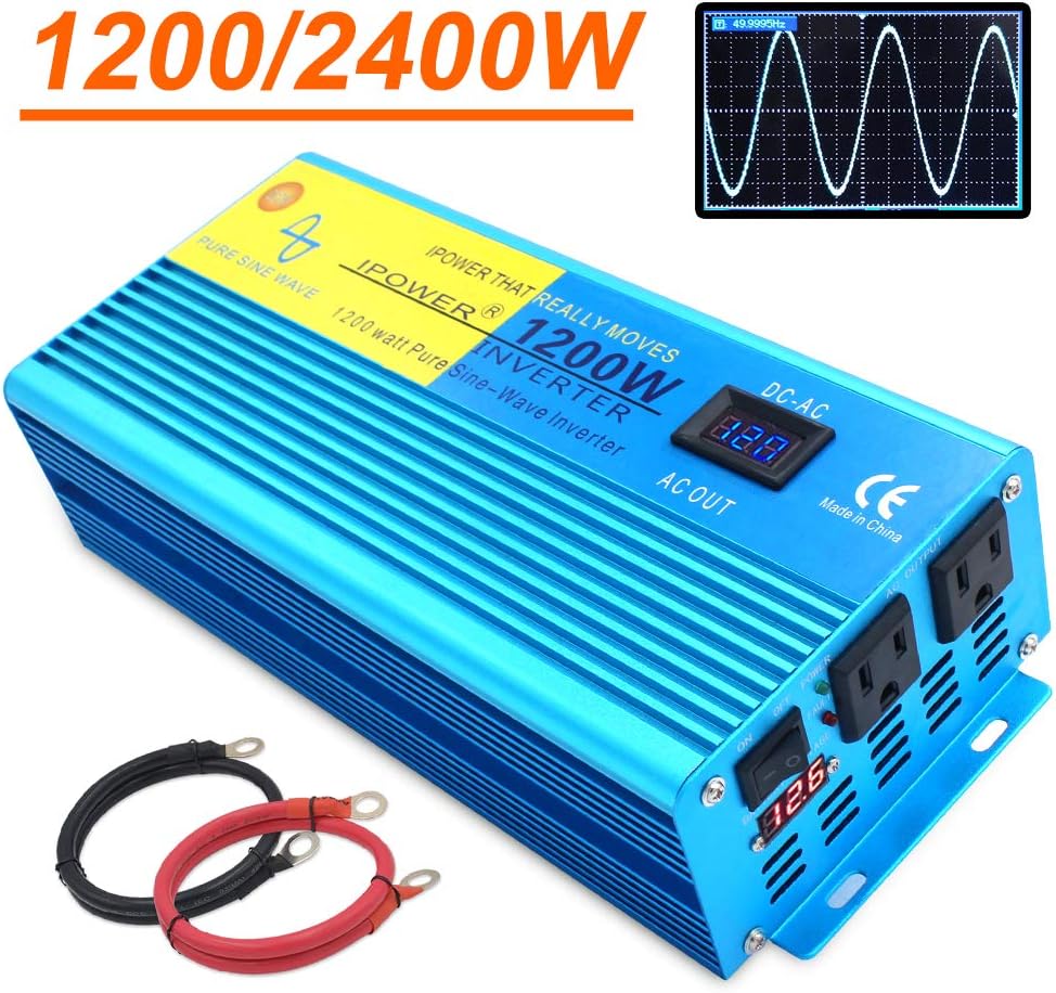 1200W Pure Sine Wave Power Inverter with 2 AC Outlets and LCD Display G8666