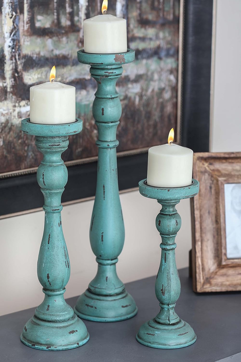 Teal Wood Candle Holder K244