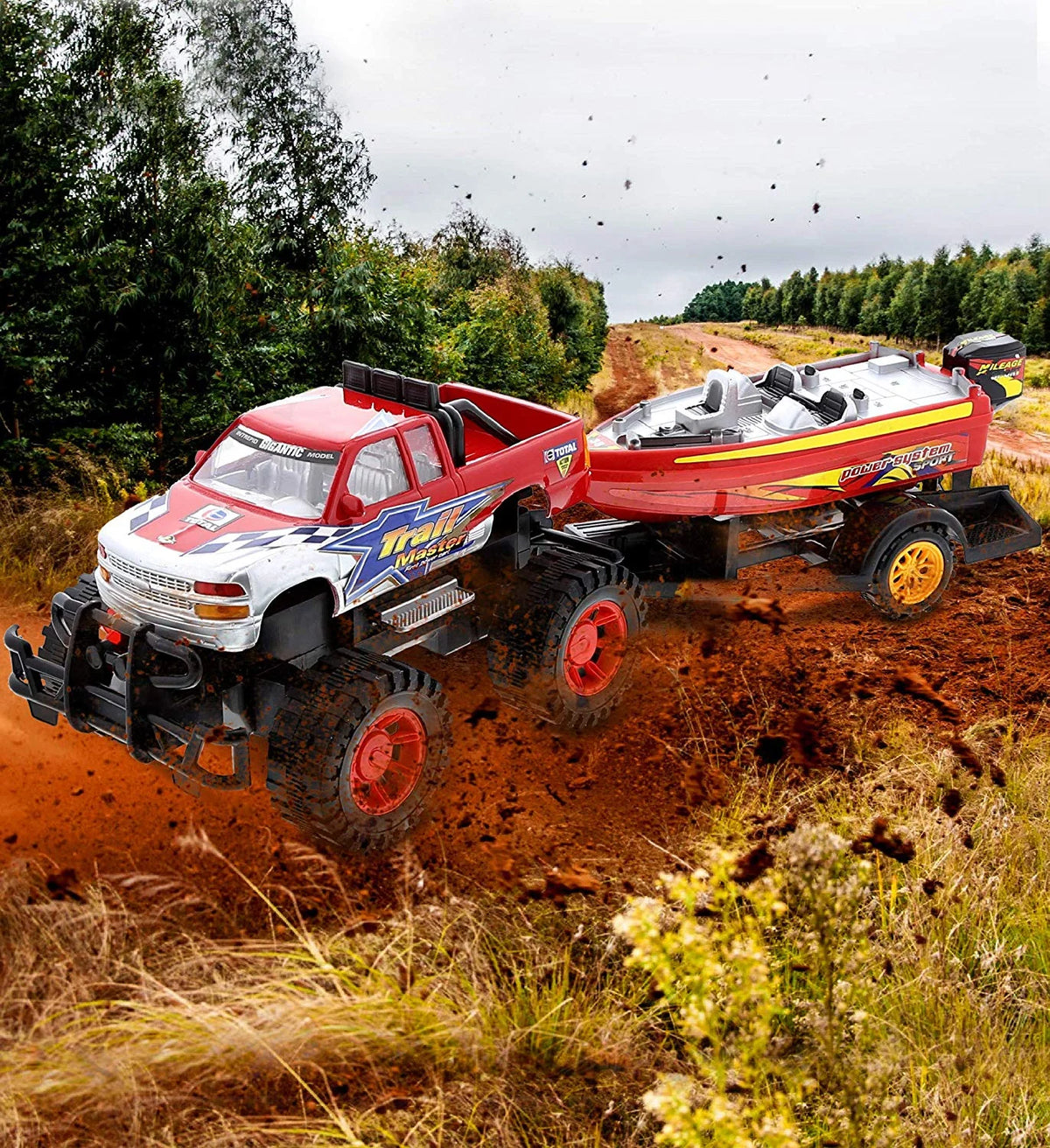 Red Black 9 Inch Truck with Detachable Trailer and 10 Inch Boat Friction Push Powered Playset L988625