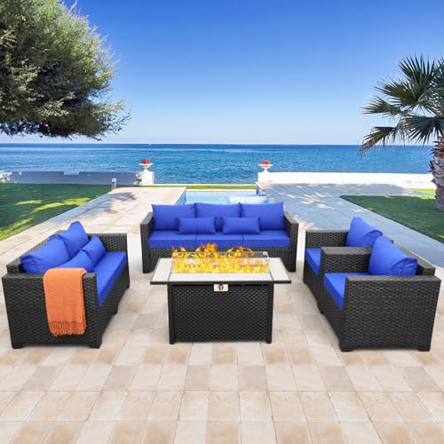 5 Pieces Patio Furniture Set with Coffee Table and Blue Cushions M4055