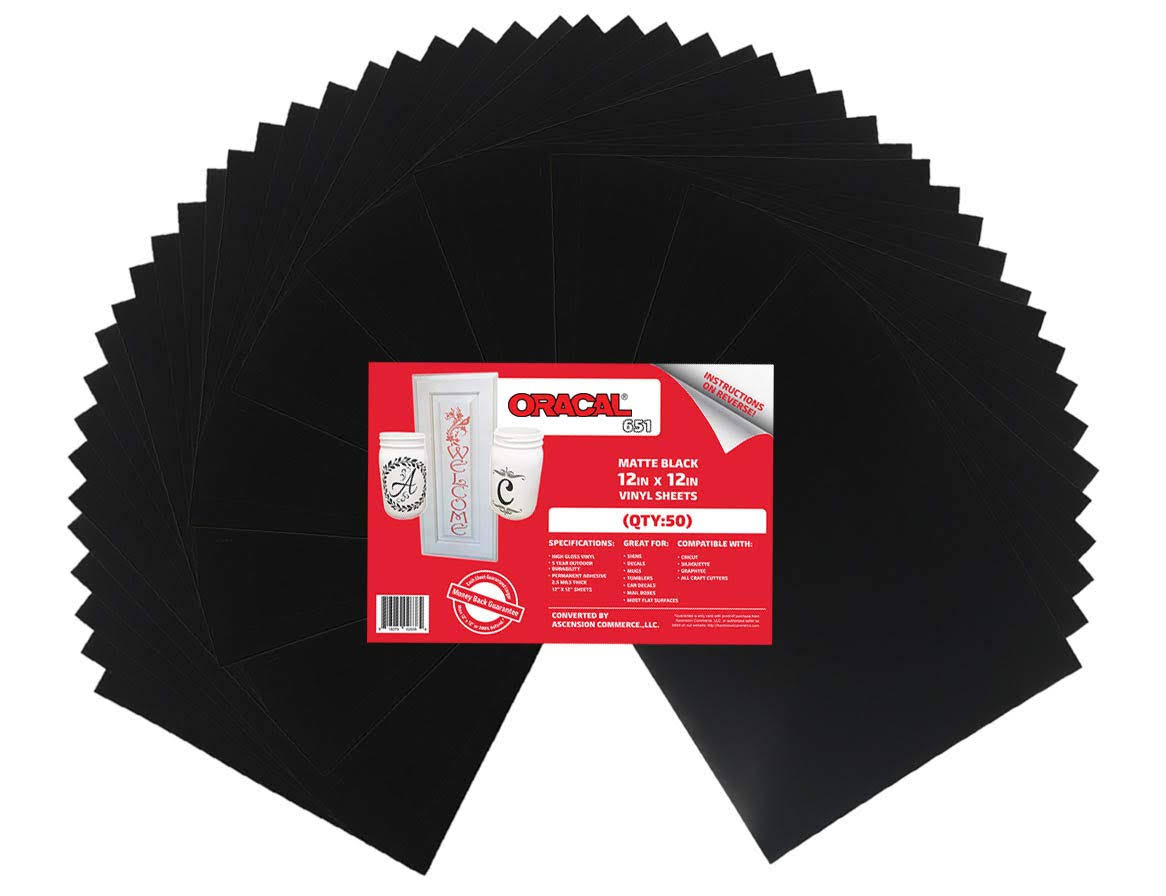 Matte Black Adhesive Craft Vinyl, 50 Sheets, 12 inch x 12 inch G393
