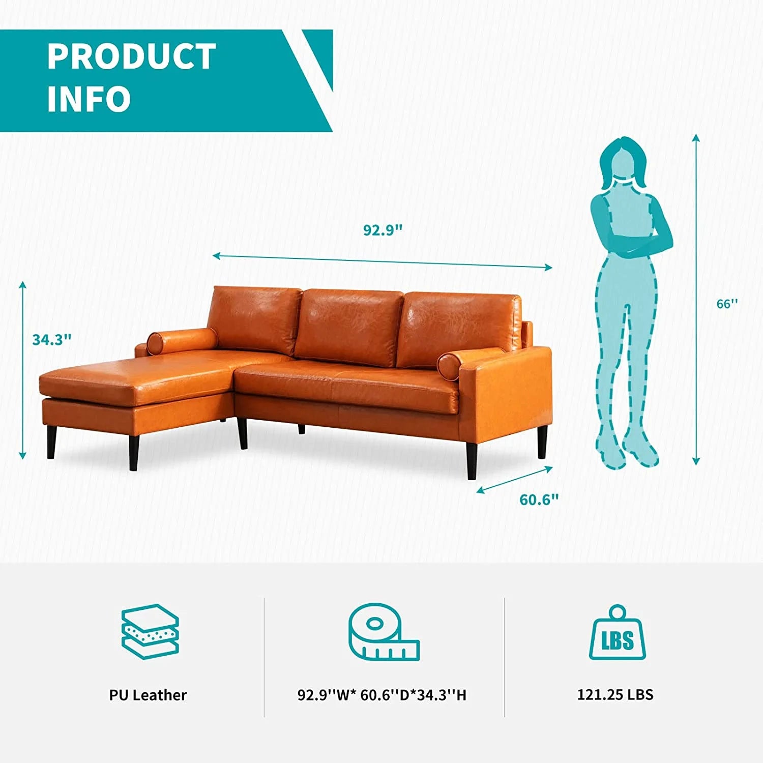 Convertible Sectional Sofa with Reversible Chaise, 3 Seat Faux Leather L-Shape Sofa with 2 Cylindrical Pillows D9111