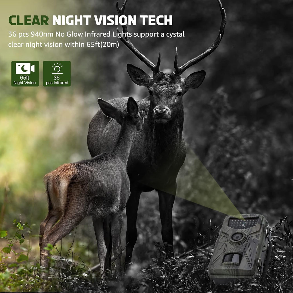 2.7K 24MP Trail Camera 0.2S Trigger 65ft Range No Glow Night Vision IP66 Waterproof 32GB Card Pack of 2 O8259