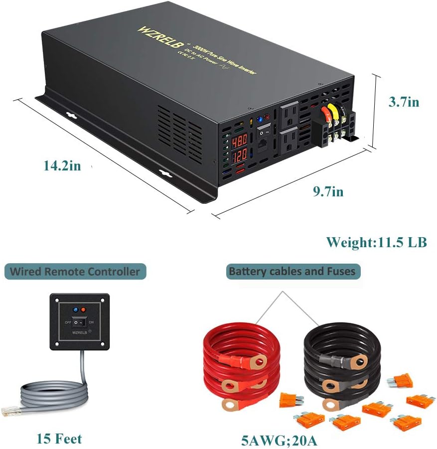 3000Watt 48V DC to 110V 120V Pure Sine Wave Power Inverter with Remote Control Dual AC Outlets and AC Hardwire Port H319058