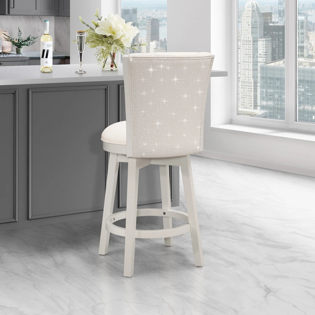 White Wood Counter Height Swivel Stool with Upholstered Back W687