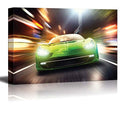 Canvas Prints Wall Art - Night Race/Green Racing Car, 12" x 18" W10942