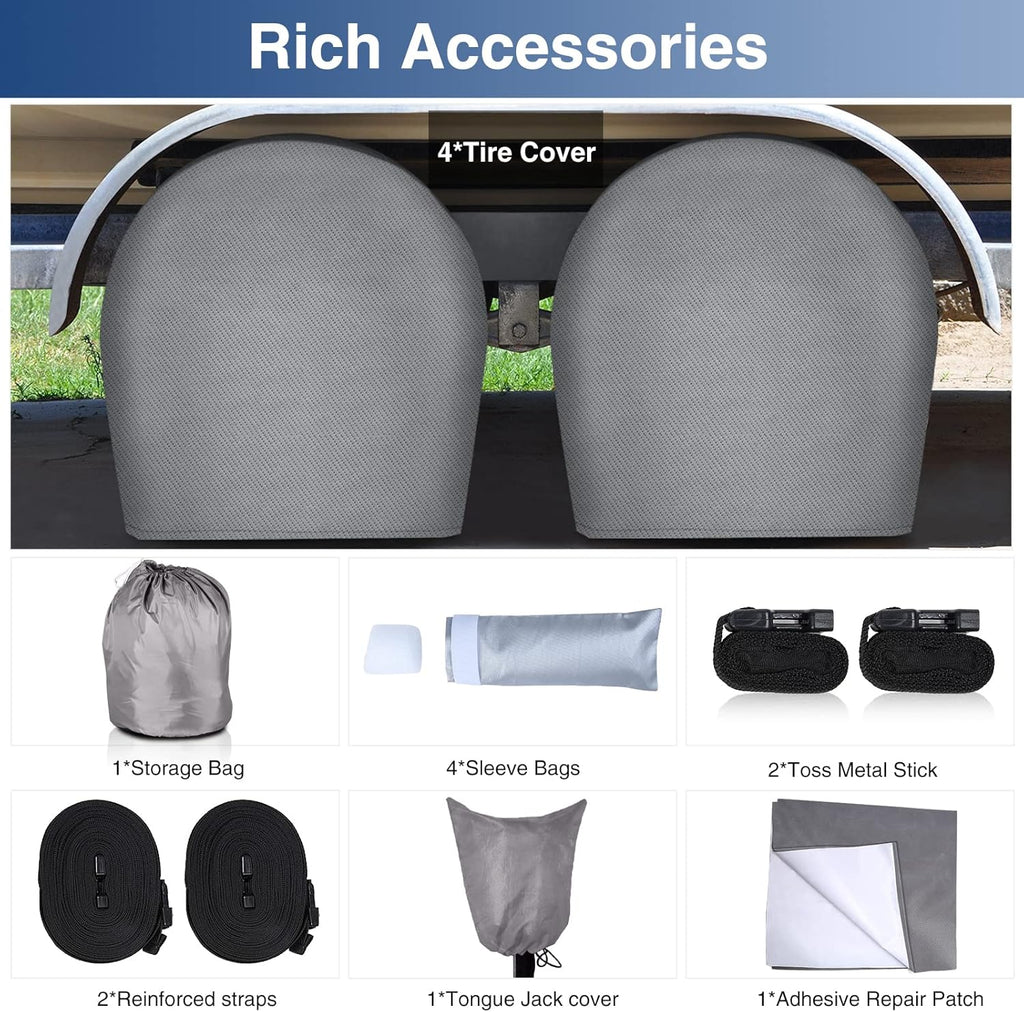 Upgraded Waterproof 500D Travel Trailer Cover with 4 Tire Covers, Tongue Jack Cover Q301