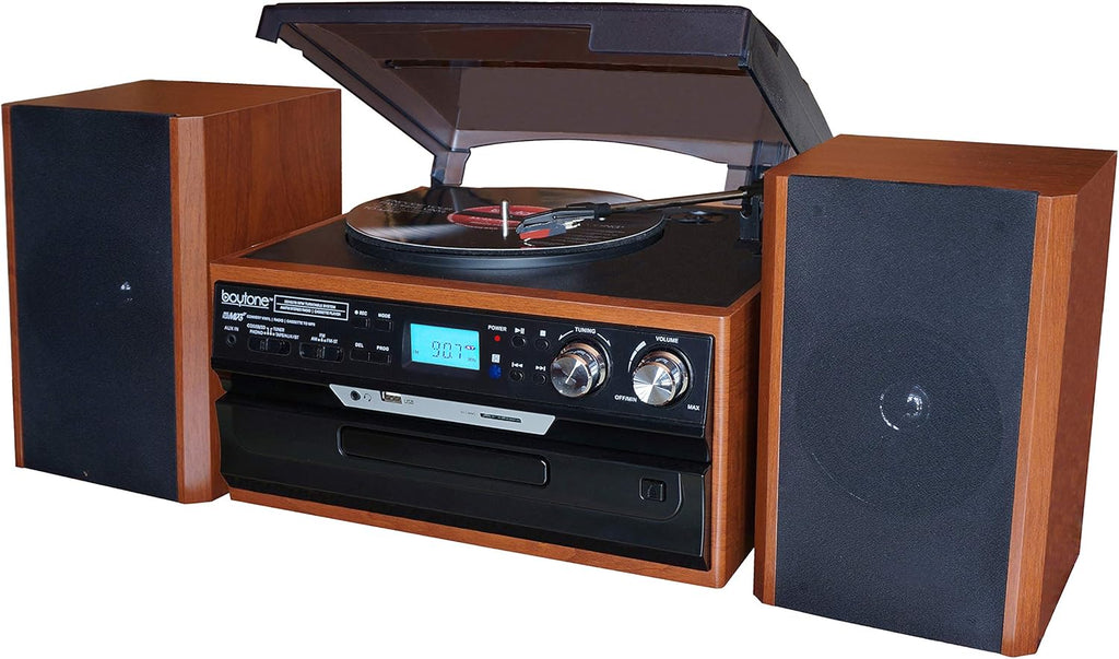 Bluetooth Record Player Turntable with AM/FM Radio, CD/Cassette Player, 2 Stereo Speakers F407174
