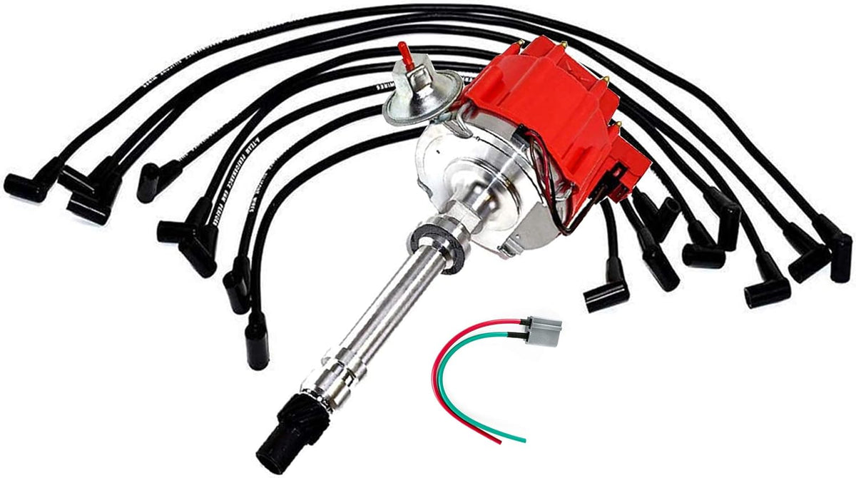 HEI Distributor Black Cap with Spark Plug Wires Set Pigtail Harness Complete Kit T3349