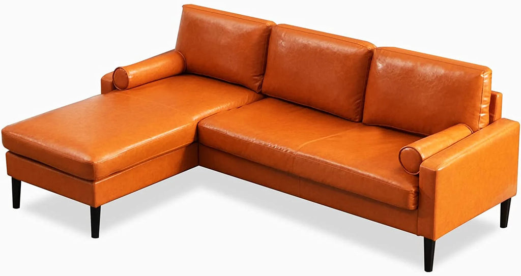 Convertible Sectional Sofa with Reversible Chaise, 3 Seat Faux Leather L-Shape Sofa with 2 Cylindrical Pillows D9111