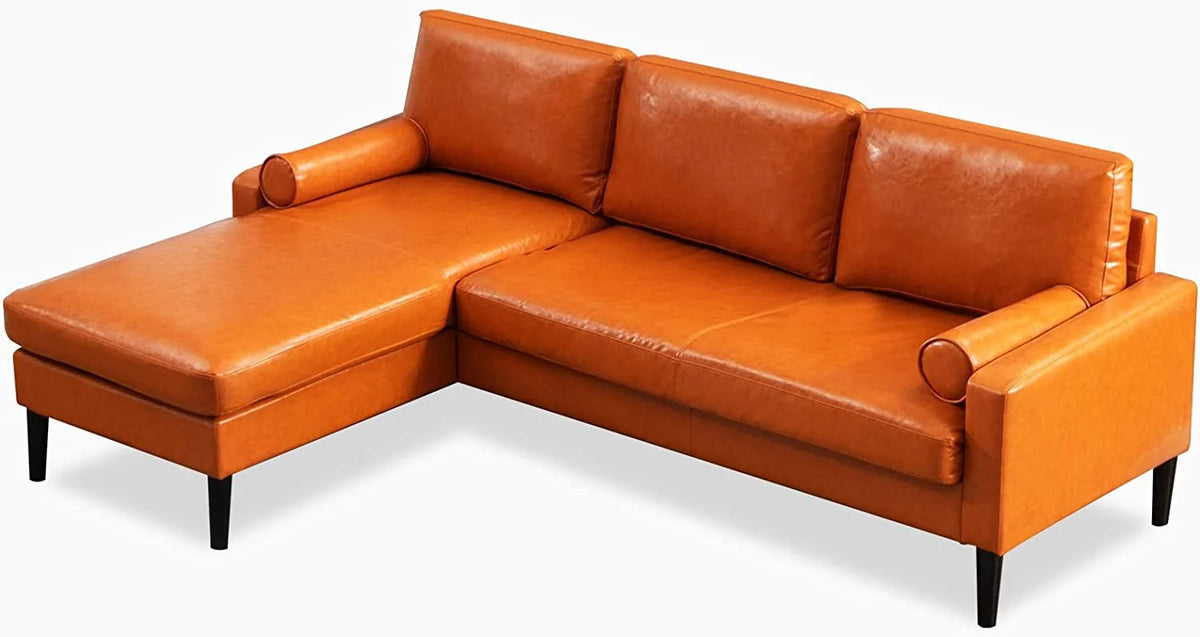 Convertible Sectional Sofa with Reversible Chaise, 3 Seat Faux Leather L-Shape Sofa with 2 Cylindrical Pillows D9111