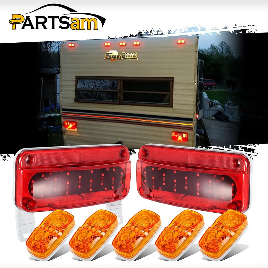 12V LED RV Camper Trailer Tail Light Kit, 5X Amber Double Bullseye LED Side Marker Clearance Lights, Red LED Stop Turn Brake Tail Lights, White Base Pack of 2 B903266