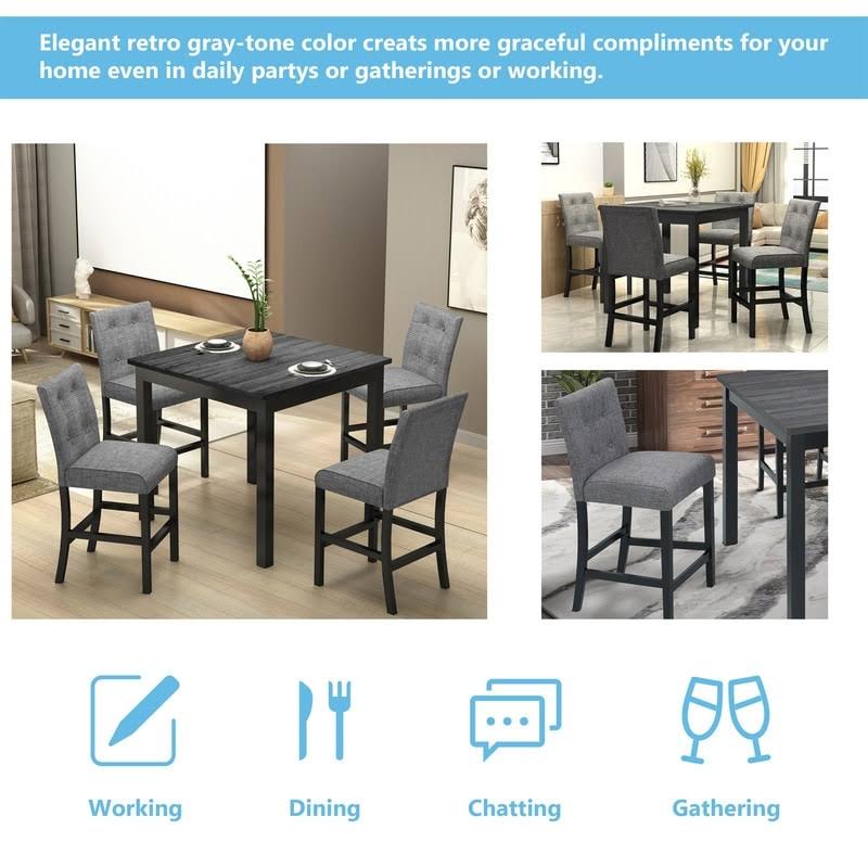 5-Piece Dining Set Wood Square Table and Chairs Stools Grey B583704
