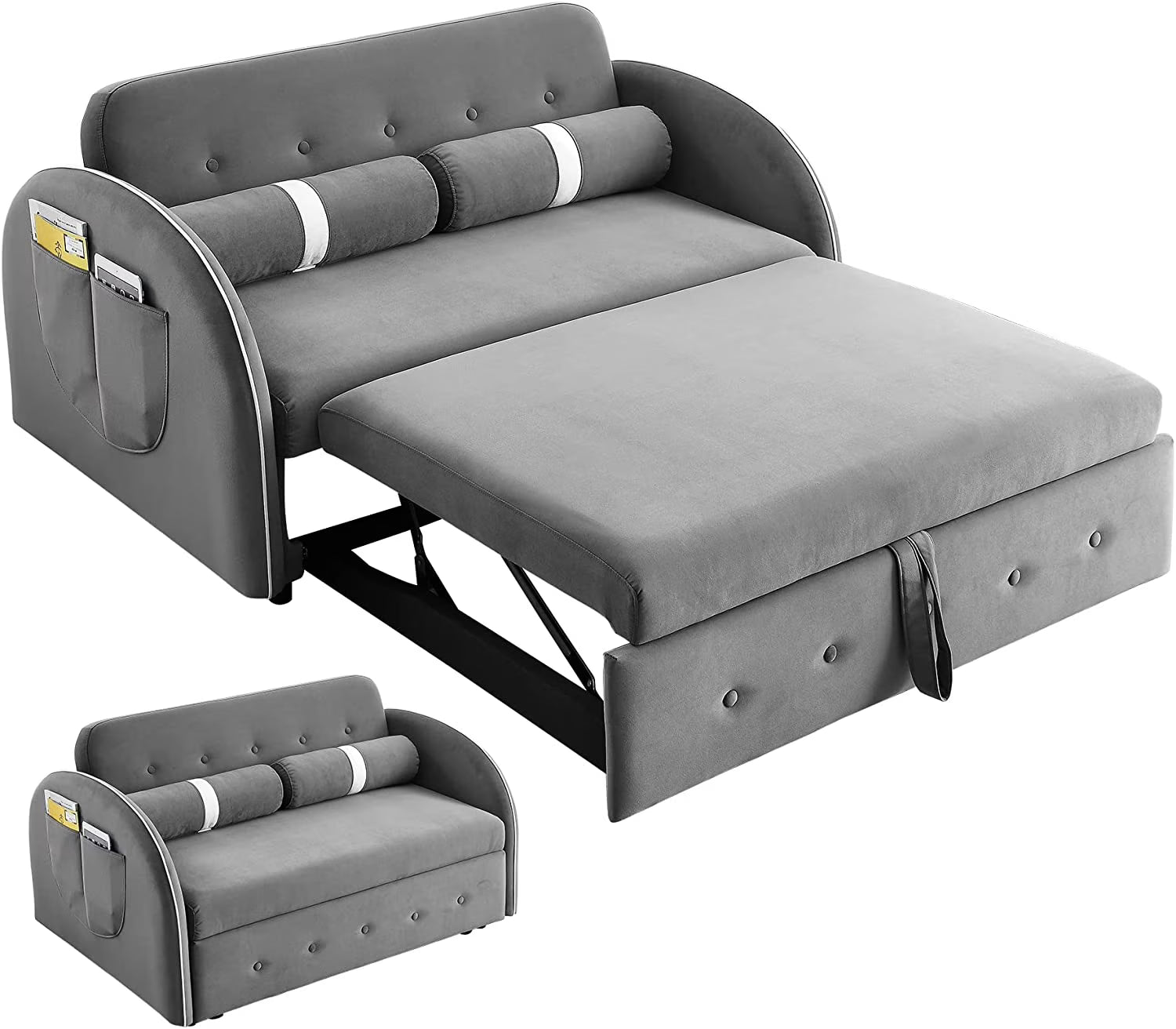 Grey Velvet Convertible Sleeper Sofa Bed with Lumbar Pillows O16245