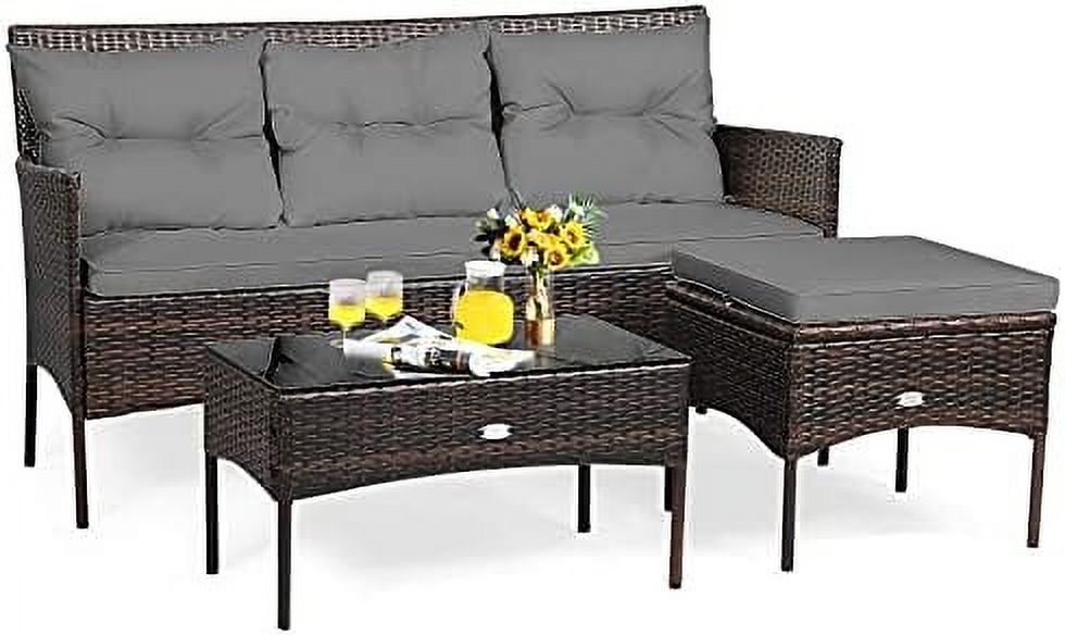 3 Pieces Outdoor Rattan Conversation Set with Tempered Glass Coffee Table, Sectional Sofa Set C73025