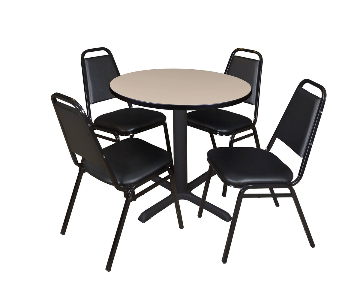 Maple Round Breakroom Table and 4 Black Stack Chairs T17094