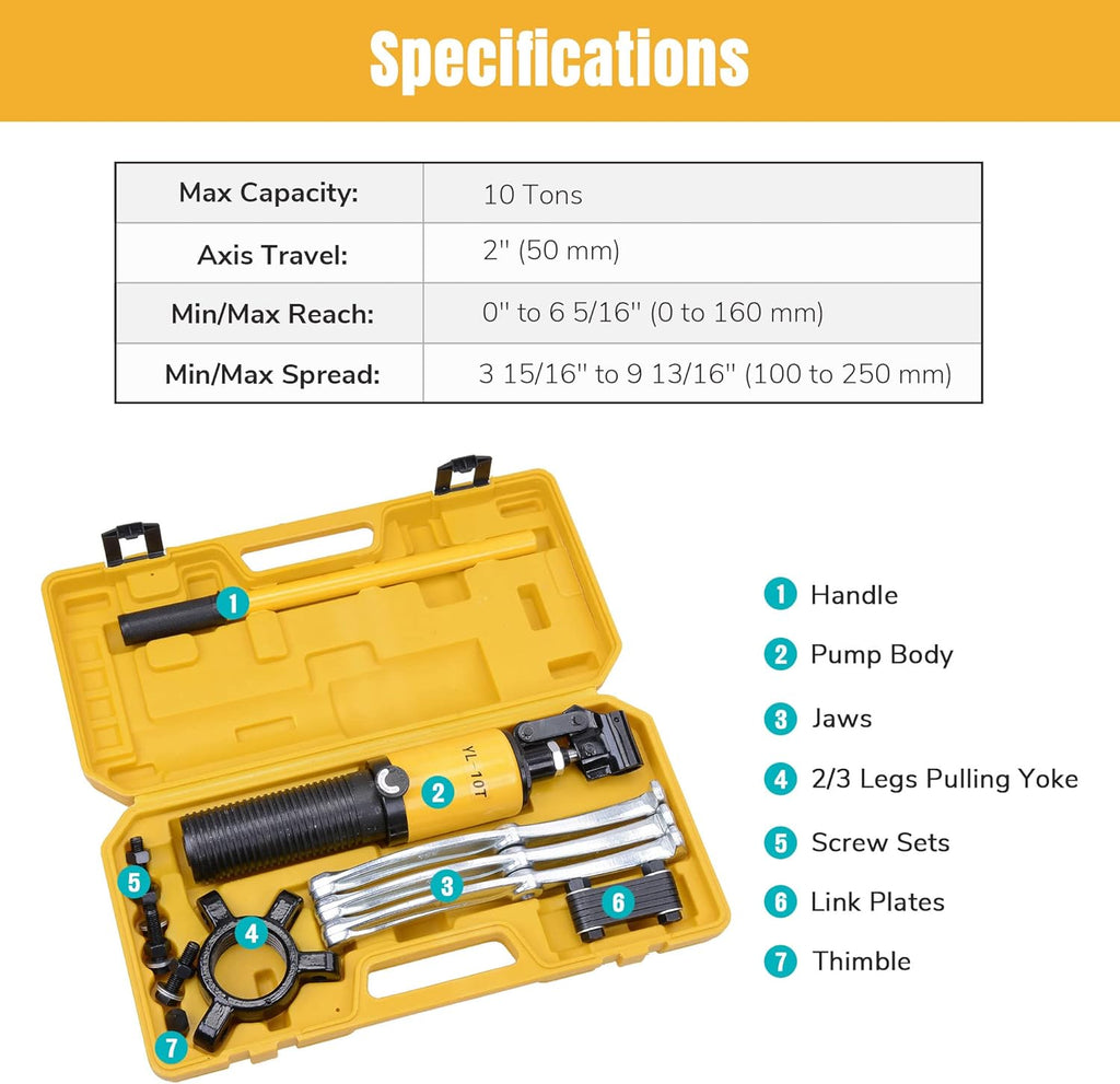 3-Jaw Hydraulic Gear Puller Set 10 Ton with Case Z214