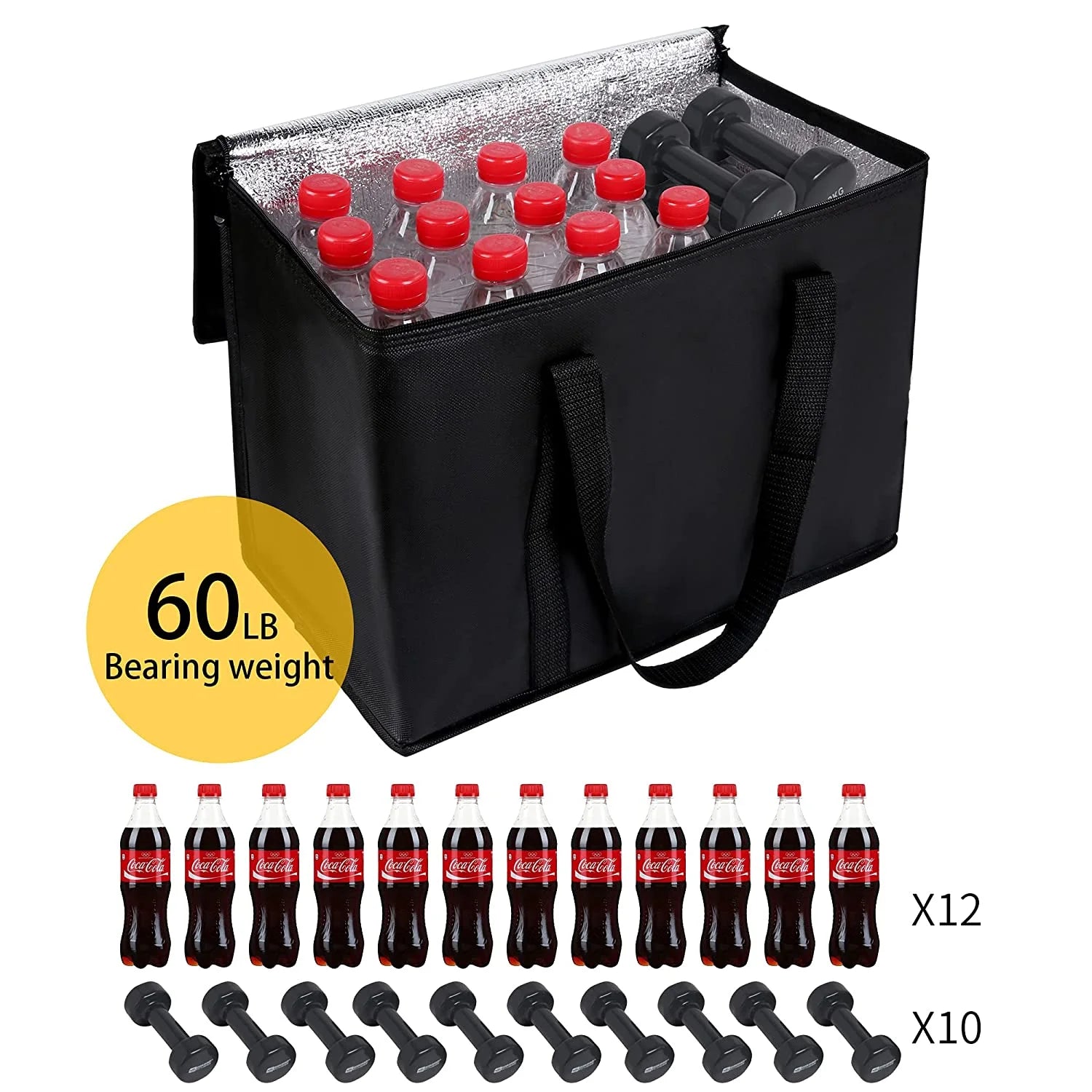 Black Insulated Grocery Tote Bag with Thermal Zipper S398
