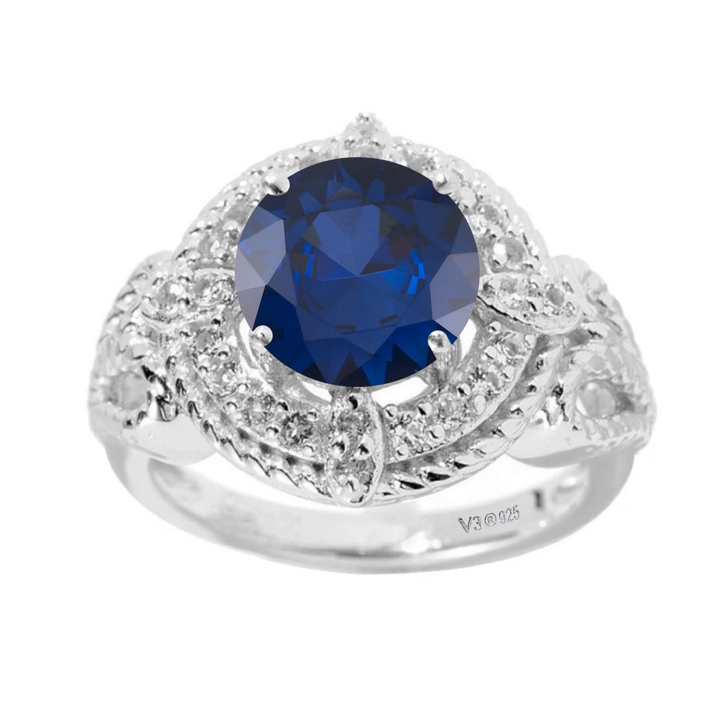 925 Sterling Silver Blue Sapphire White Topaz Halo Ring W245