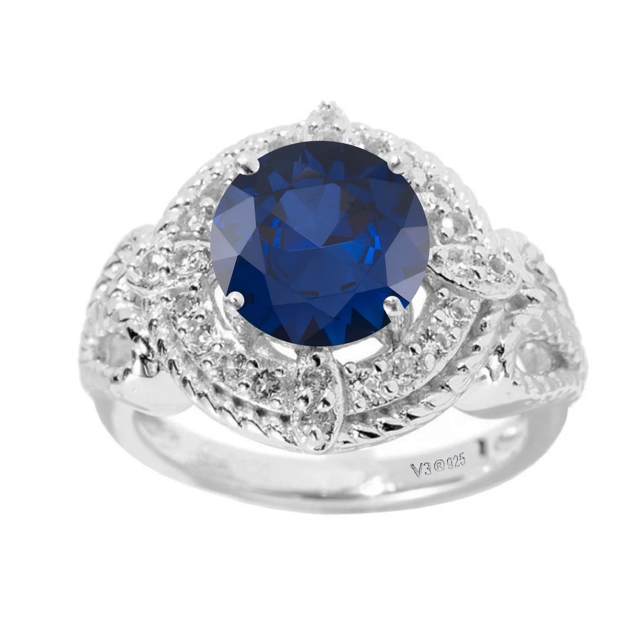 925 Sterling Silver Blue Sapphire White Topaz Halo Ring W245