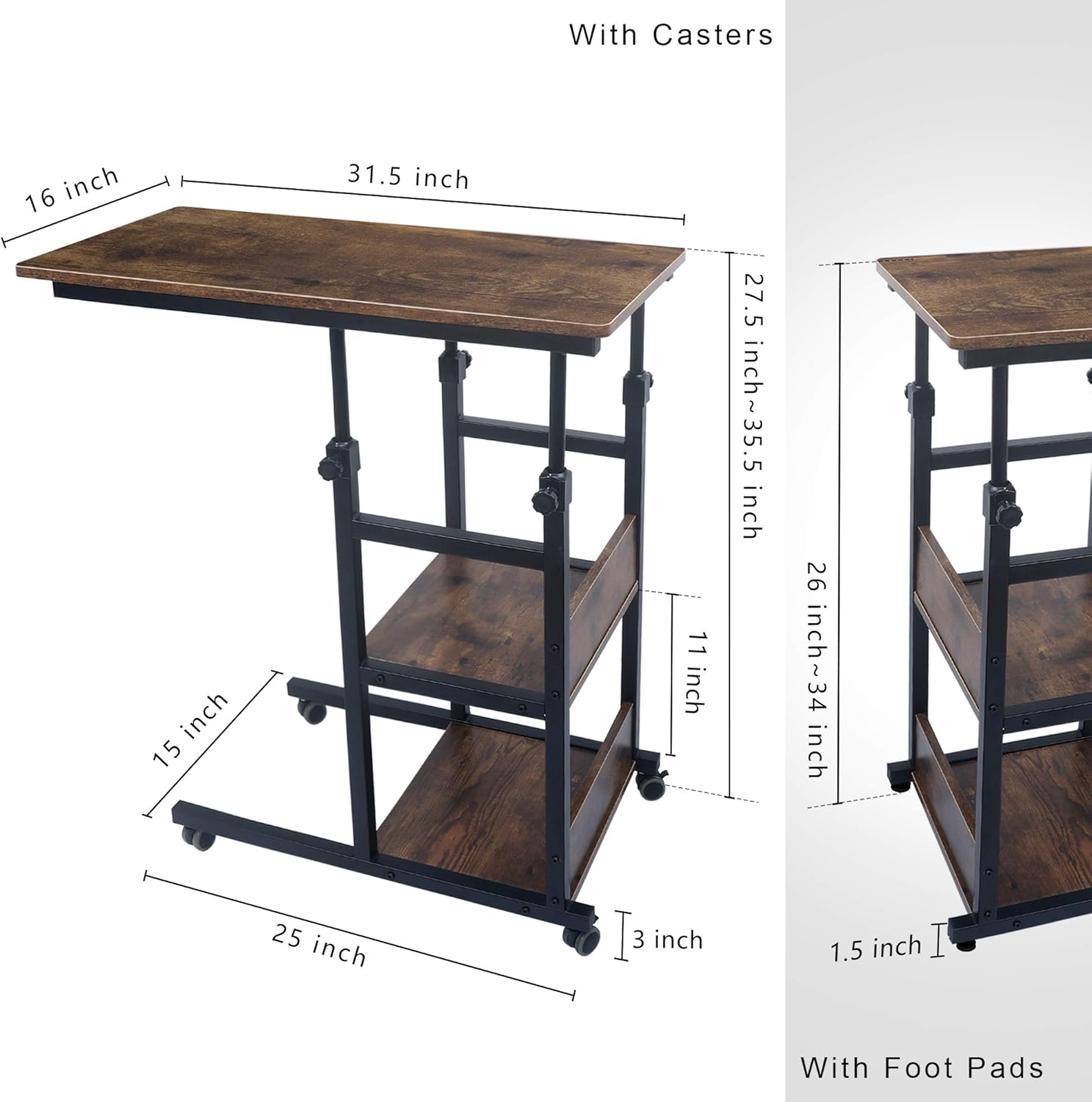 Height Adjustable Rolling Side Table with 2 Shelves N66812