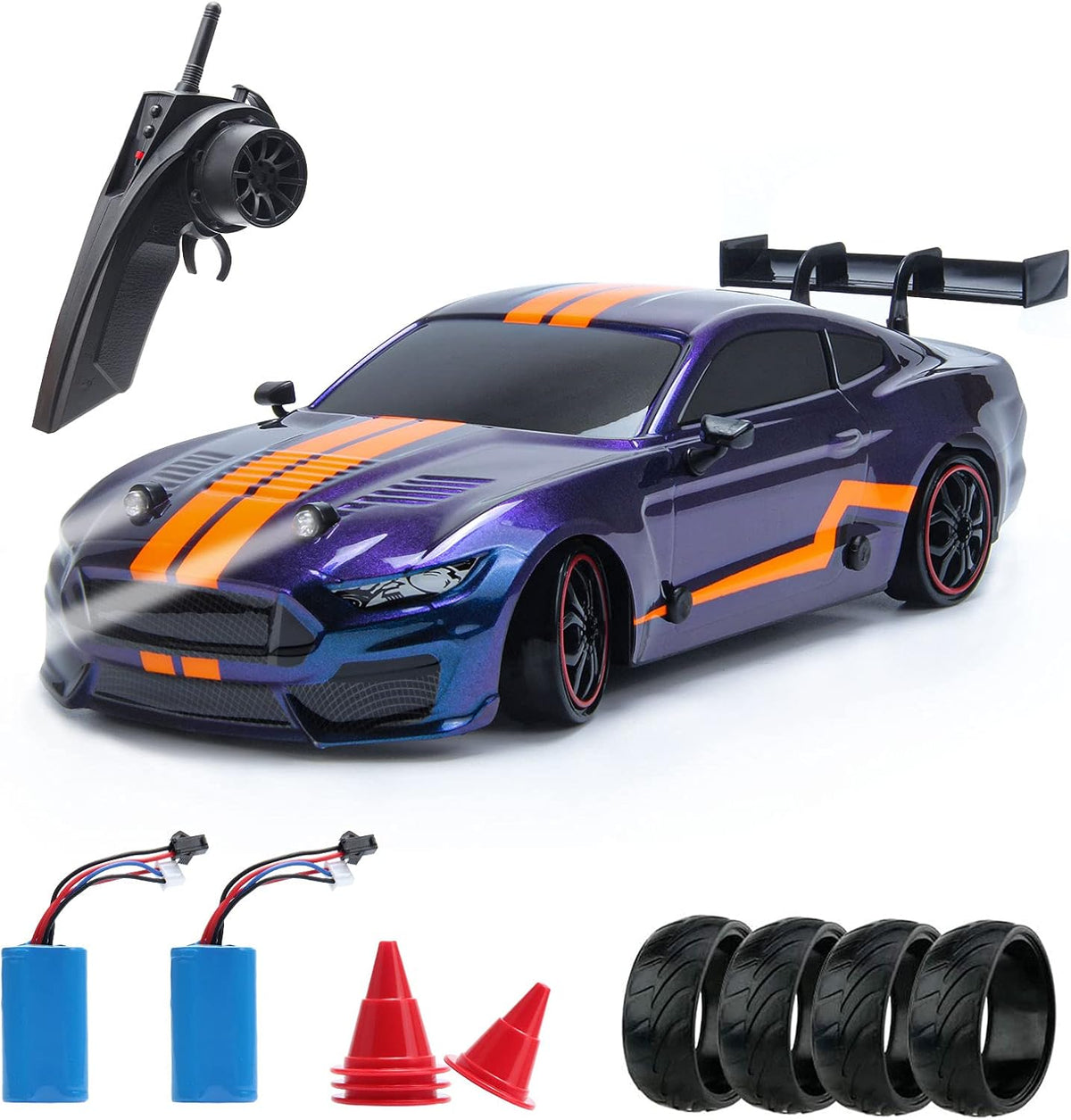 Remote Control Car RC Sport Racing Car 4WD RTR Vehicle with LED Lights, Two Batteries and Drift Tires + Racing Tires H9564