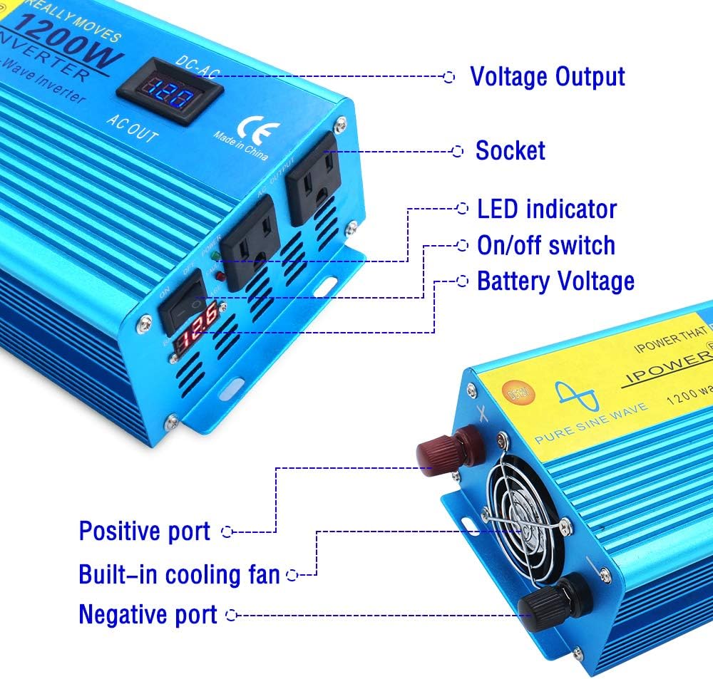 1200W Pure Sine Wave Power Inverter with 2 AC Outlets and LCD Display G8666