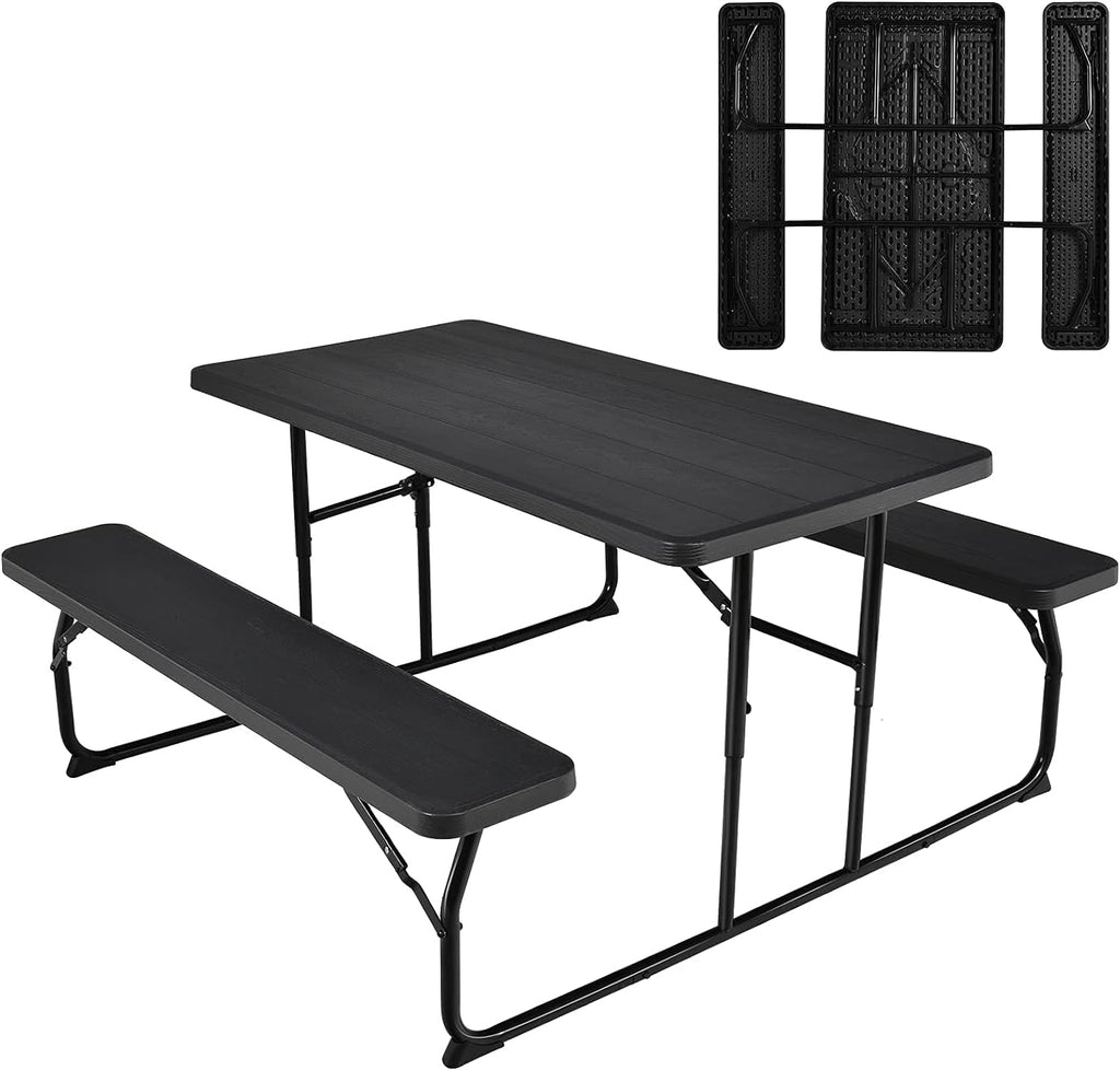 Folding Picnic Table Bench Set, Outdoor Dining Table Set, Portable Picnic Tables, Weather Resistant Metal Frame, White T385434