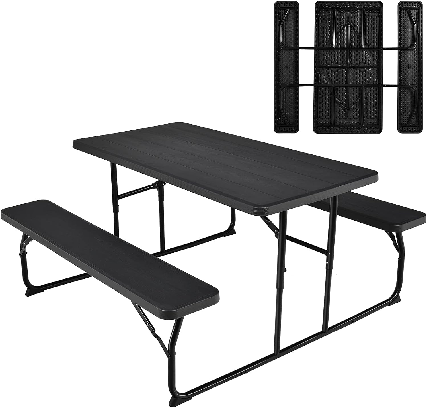 Folding Picnic Table Bench Set, Outdoor Dining Table Set, Portable Picnic Tables, Weather Resistant Metal Frame, White T385434