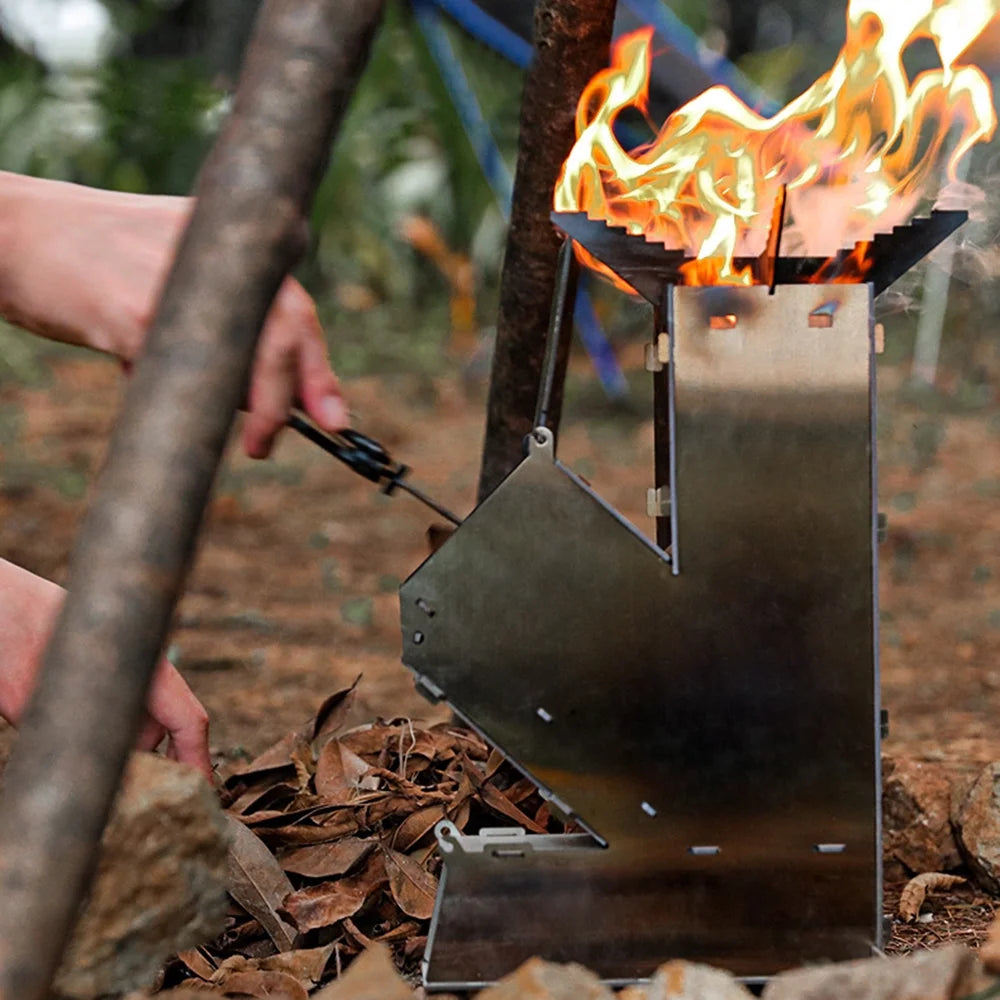 Outdoor Collapsible Wood Burning Detachable Portable Stainless Steel Rocket Camp Tent Q44396