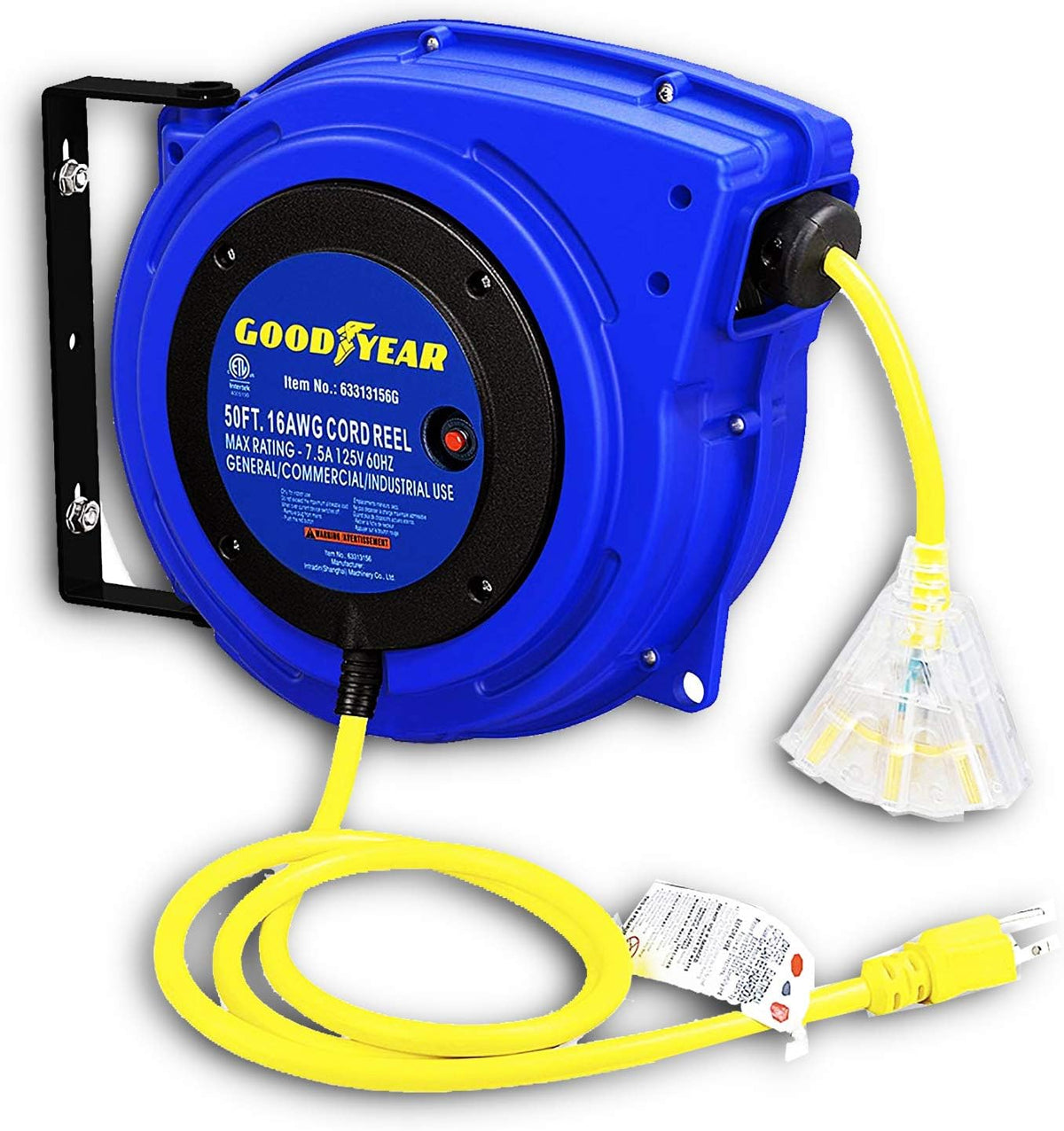 Retractable Extension Cord Reel 16AWG x 50' 3C/SJTOW LED Triple Tap Connector Power 7.5A 125VAC 938W H124110