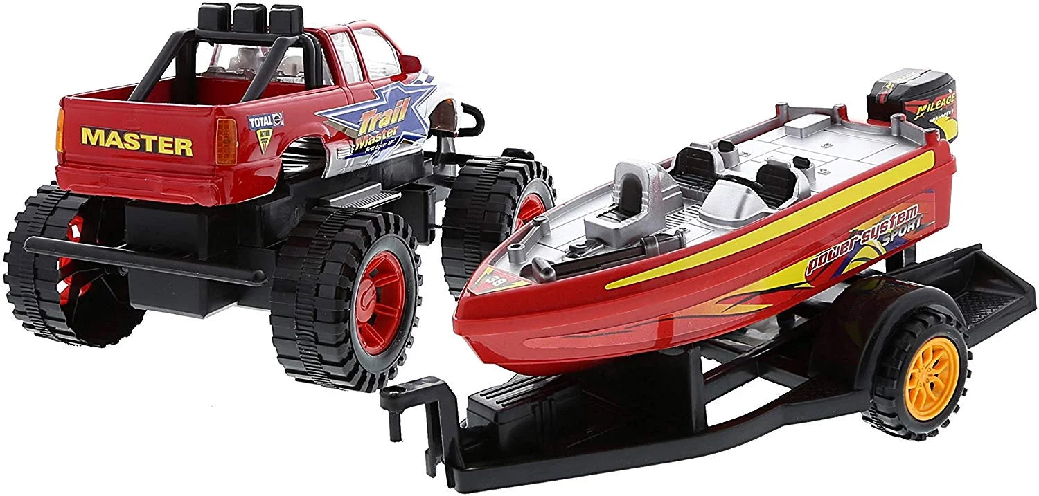 Red Black 9 Inch Truck with Detachable Trailer and 10 Inch Boat Friction Push Powered Playset L988625