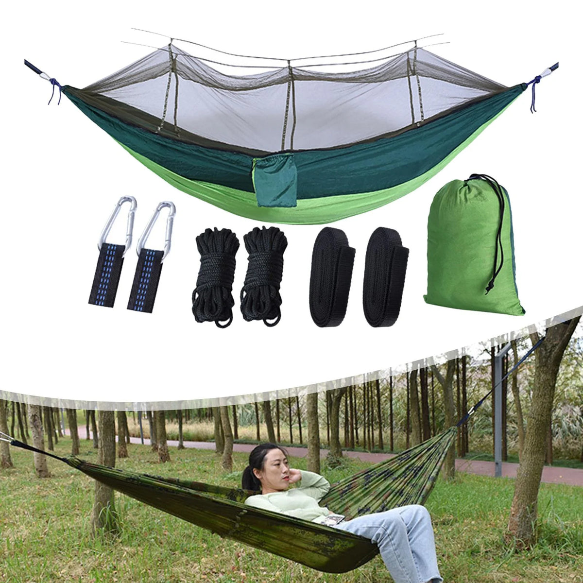 Camping Hammock with 2 Hanging Straps, Lightweight Parachute Hammock, dark green E44440