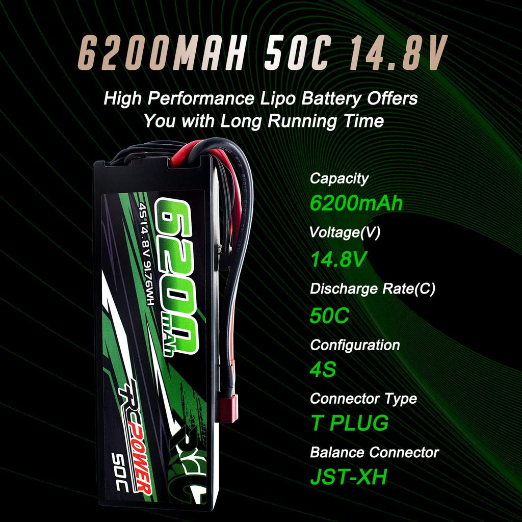 14.8V 6200mAh 4S 50C Hard Case Lipo Battery with T Plug (2Packs) R7240