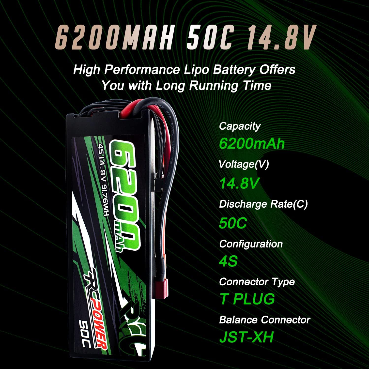 14.8V 6200mAh 4S 50C Hard Case Lipo Battery with T Plug (2Packs) R7240
