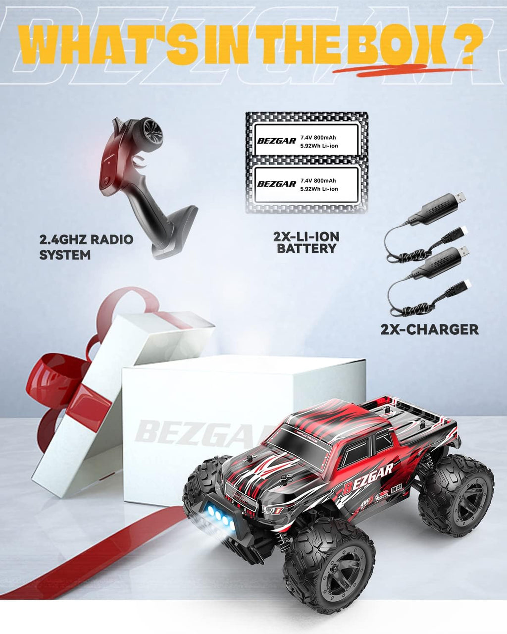 RC Cars 1:14 Scale Remote Control Car, 4WD Top Speed 25 Km/h Electric Toy Off Road RC Car Truck Crawler with Two Rechargeable Batteries M376777