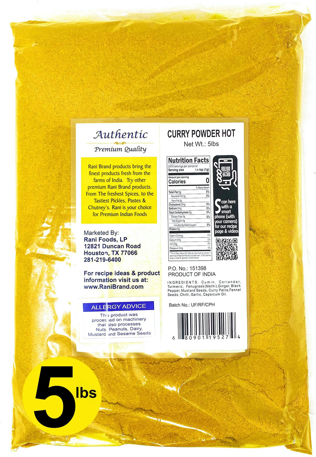 Curry Powder Hot 11-Spice Authentic Indian Blend 80oz (5lbs) 2.27kg Bulk All Natural Salt-Free Vegan No Colors Gluten Friendly NON-GMO Indian Origin H9867