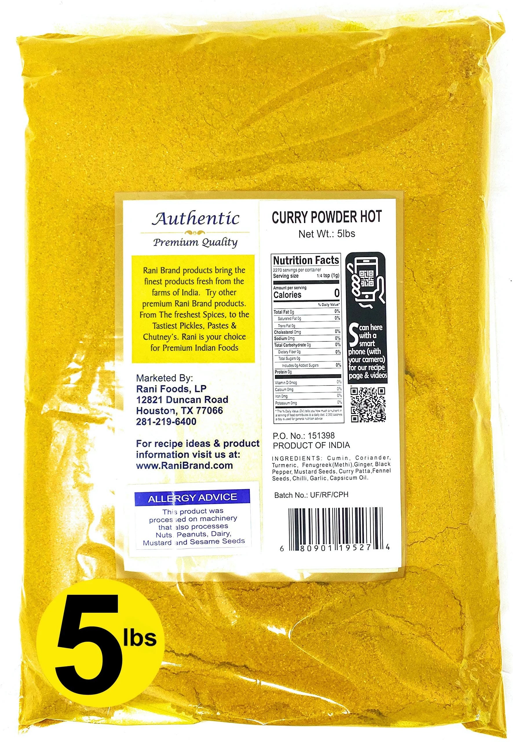 Curry Powder Hot 11-Spice Authentic Indian Blend 80oz (5lbs) 2.27kg Bulk All Natural Salt-Free Vegan No Colors Gluten Friendly NON-GMO Indian Origin H9867