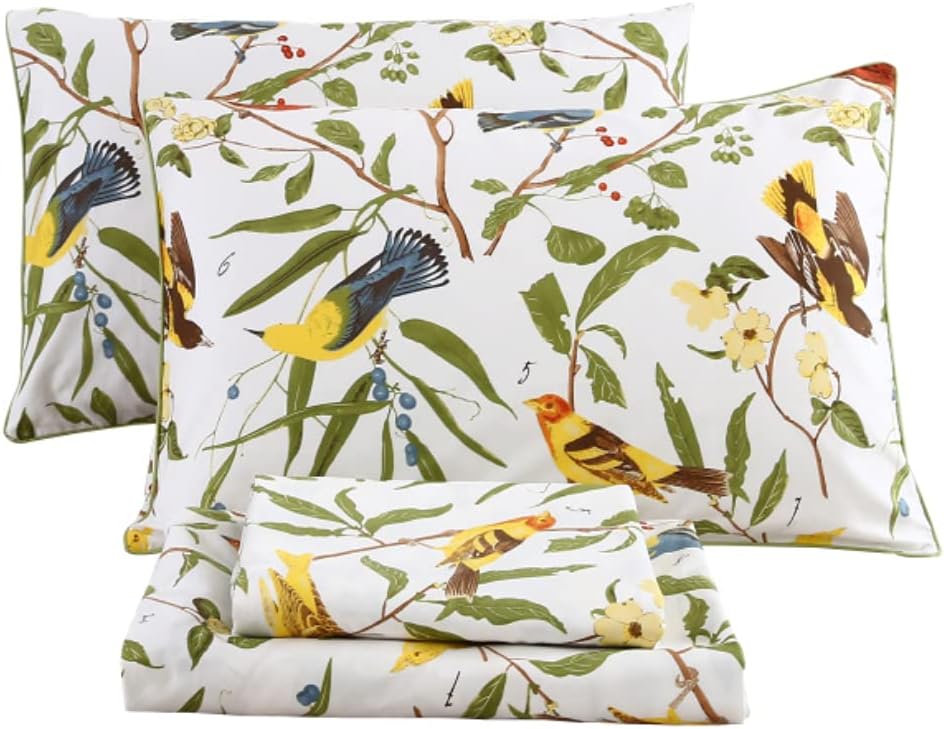 Green Birds Percale Cotton Queen Bed Sheet Set 4 Pieces Deep Pocket 18 Inches X316