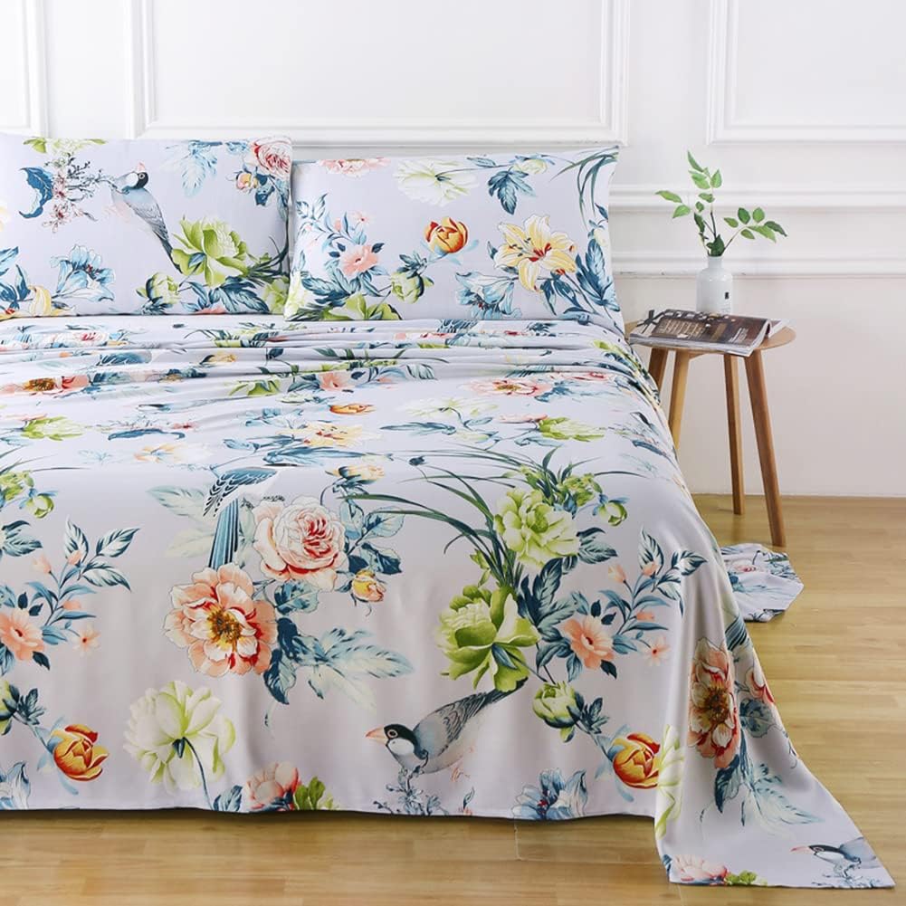 Green Birds Percale Cotton Queen Bed Sheet Set 4 Pieces Deep Pocket 18 Inches X316