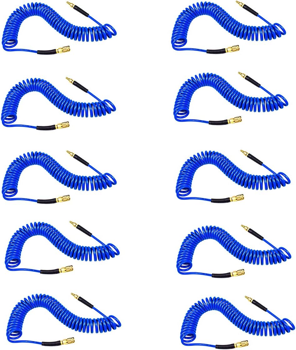 10-Pack Blue Polyurethane Recoil Air Hose 1/4" by 25' with Bend Restrictor and Quick Coupler R99238