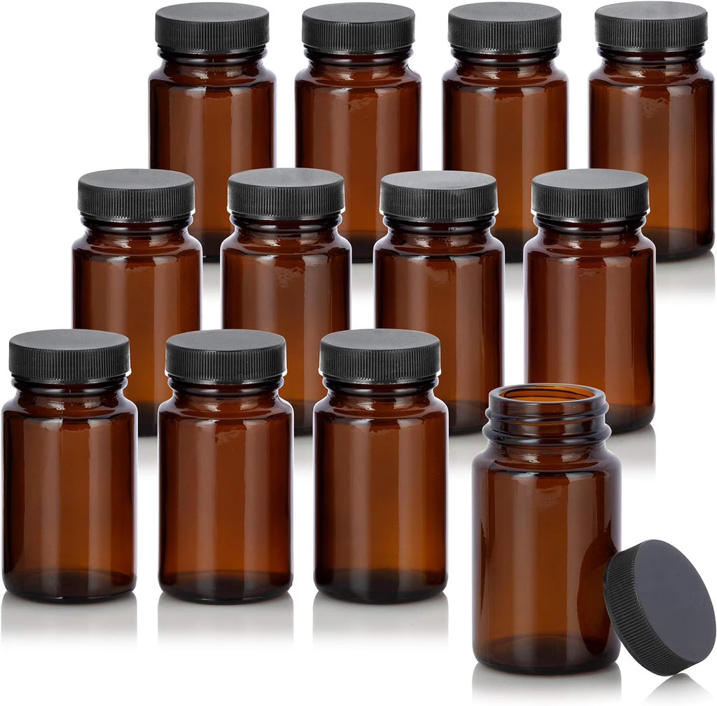 Amber Glass Packer Bottle With Black Ribbed Lid (12 Pack) M559