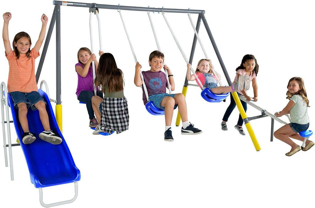 Outdoor Kids Swing Set with Slide, Blue/Yellow U6527