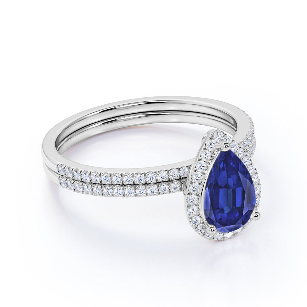 1.5 Carat Pear Shaped Blue Sapphire Bridal Set in 18k White Gold over Silver F326292