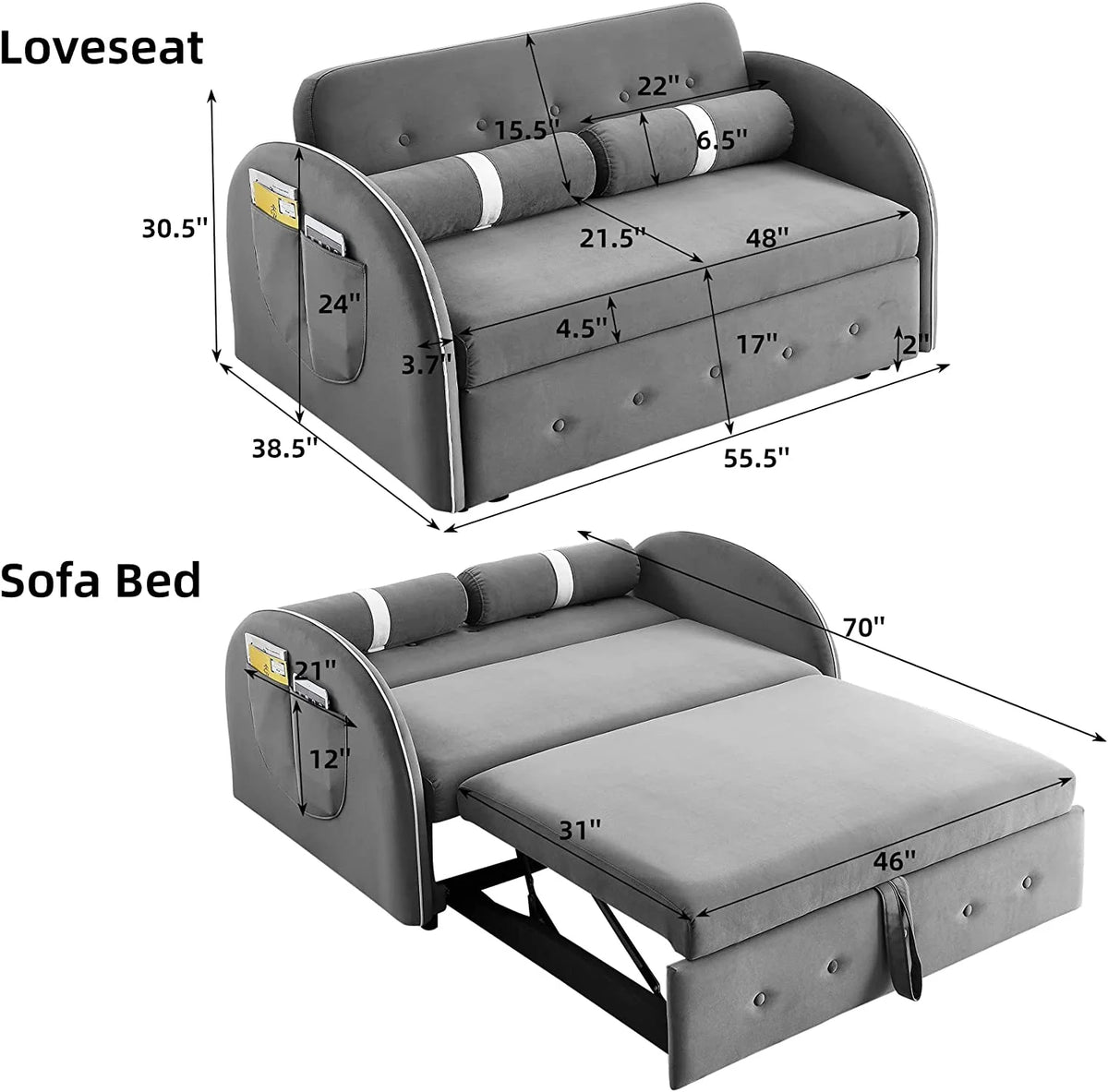Grey Velvet Convertible Sleeper Sofa Bed with Lumbar Pillows O16245