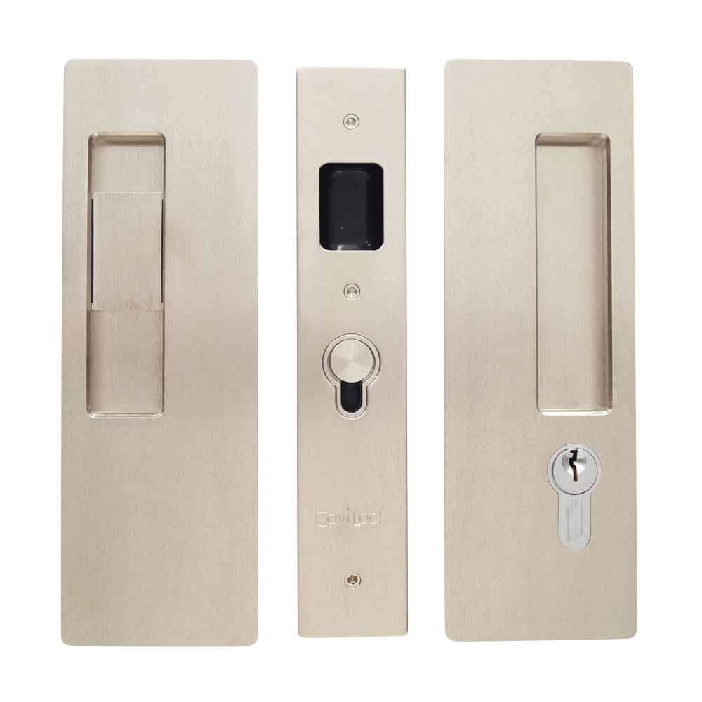 Magnetic Keyed Entry Pocket Door Lock Set with LH Snib, Satin Nickel E397961